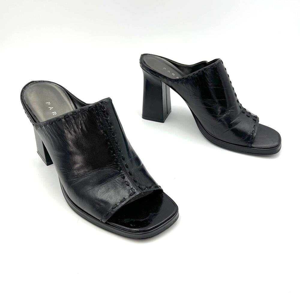Vintage Parade Platform Mules Black Leather High Heels Square Peep Toe